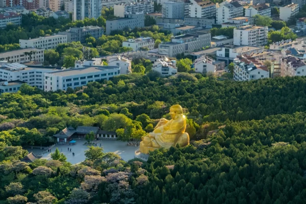 Ancient urban mountain with cliff Buddha carvings and Xingguo Temple in Jinan