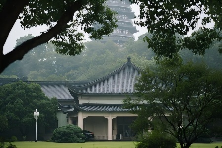 Misty Jiangnan Garden Scenery at Xizi State Guest House, Hangzhou West Lake Framed view of traditional Chinese buildings inside Xizi State Guest House on a misty rainy day, lush green lawn and surrounding foliage beside West Lake, Hangzhou.