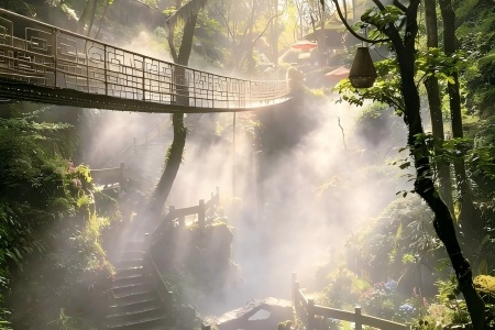 Hangzhou Lingshan Wonderland Scenic Hangzhou Lingshan Wonderland Misty Forest Cliff Walkway with Sun Rays Eco Day Tour