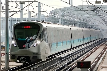 Hangzhou Metro Train Modern Hangzhou metro train traveling on outdoor elevated railway tracks