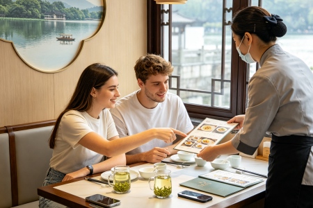 Foreign Tourists Ordering at Restaurants in Hangzhou Foreign tourists can order meals in Hangzhou restaurants without speaking Chinese and without barriers
