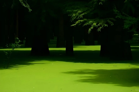 Dense metasequoia trees covered by bright green duckweed in Qingshan Lake water forest