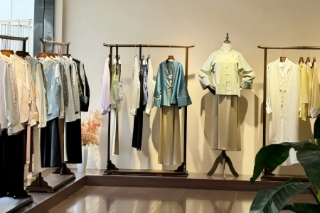Hangzhou Silk Clothing Display New Chinese style silk garments displayed inside Hangzhou silk boutique