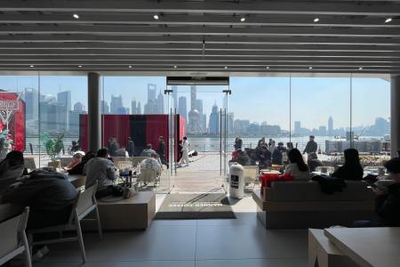 Manner Coffee Shop Interior Overlooking Shanghai Pudong Skyline