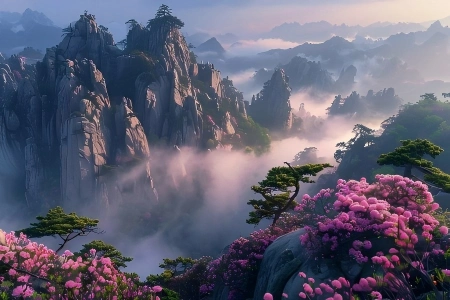 Spring landscape of Huangshan, jagged granite peaks, sea of clouds and blooming pink azaleas