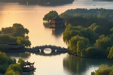 Scenery of West Lake Hangzhou View of West Lake at sunrise, stone arch bridge, Chinese pavilion, weeping willows and calm reflective lake water