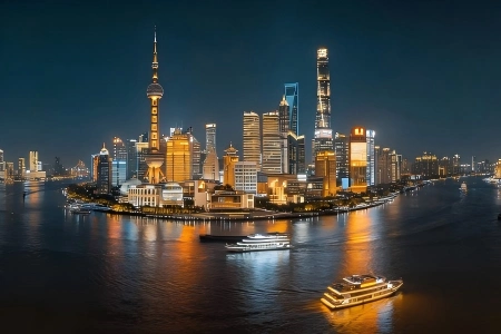 Night view of Shanghai Pudong Lujiazui skyscrapers including Oriental Pearl Tower and Shanghai Tower