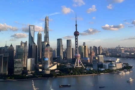 Aerial view of Lujiazui skyline with Oriental Pearl Tower, Shanghai