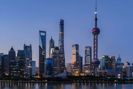 Shanghai Lujiazui skyline at blue hour, Oriental Pearl Tower, Shanghai Tower, waterfront cityscape