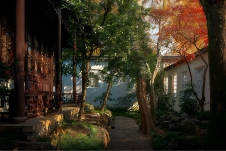 Traditional Suzhou garden walkway, ancient architecture and autumn foliage Jiangsu China