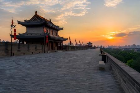 Xi'an Ancient City Wall at sunset with a historic watchtower and city skyline