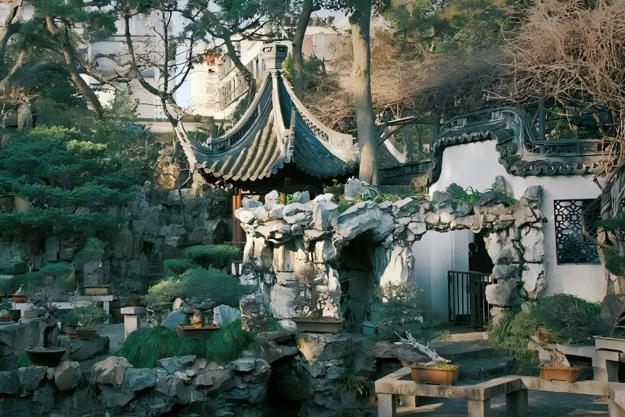 Classical Chinese garden rockery and pavilion in Yu Garden, Shanghai