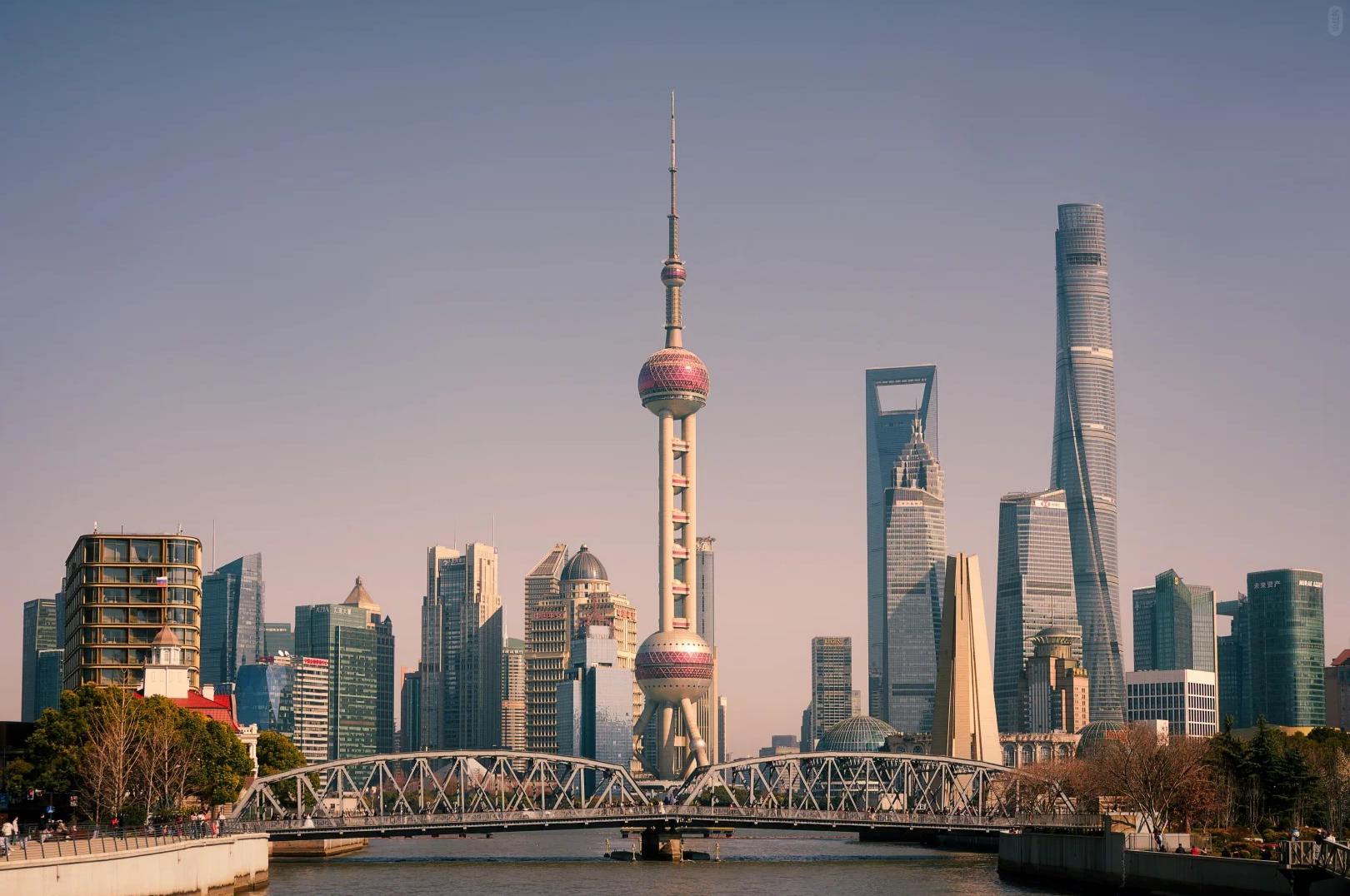 Shanghai landmark view of Waibaidu Bridge and Lujiazui skyline by Huangpu River