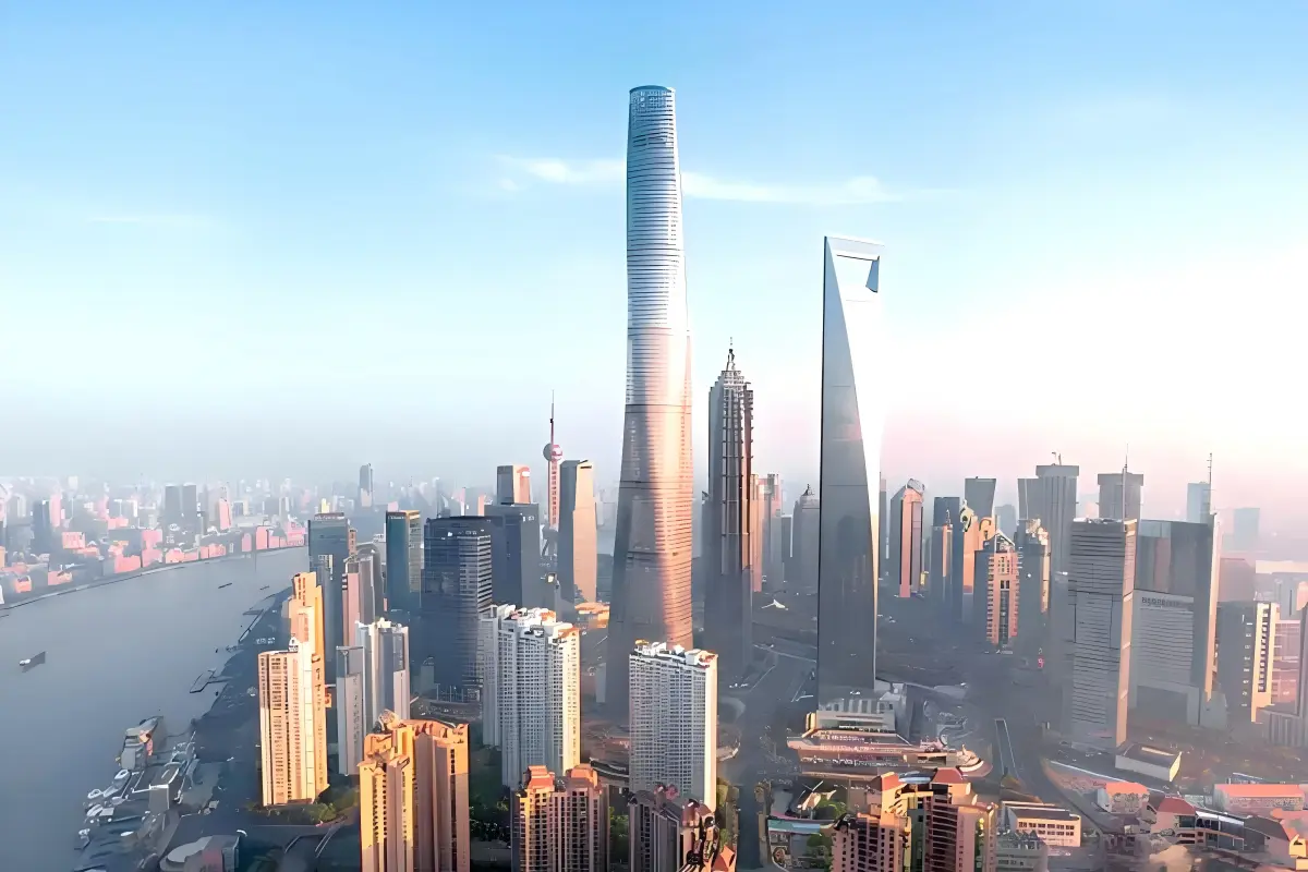 Aerial view of Shanghai Tower among modern skyscrapers in Lujiazui financial district