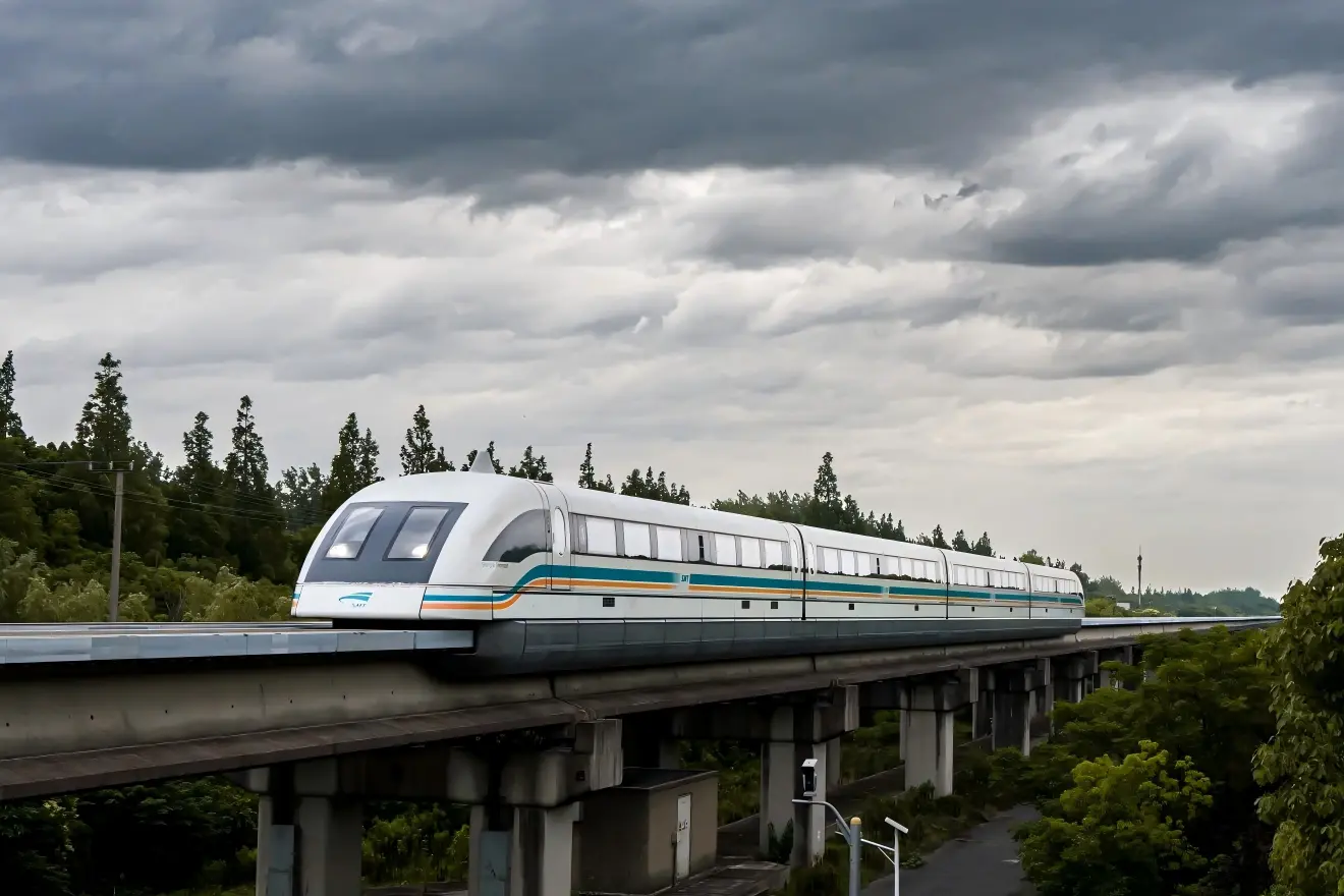Shanghai high-speed maglev train running on the elevated track