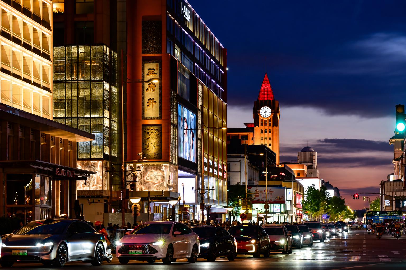 Busy night traffic and illuminated modern buildings along Wangfujing shopping street at dusk, Beijing