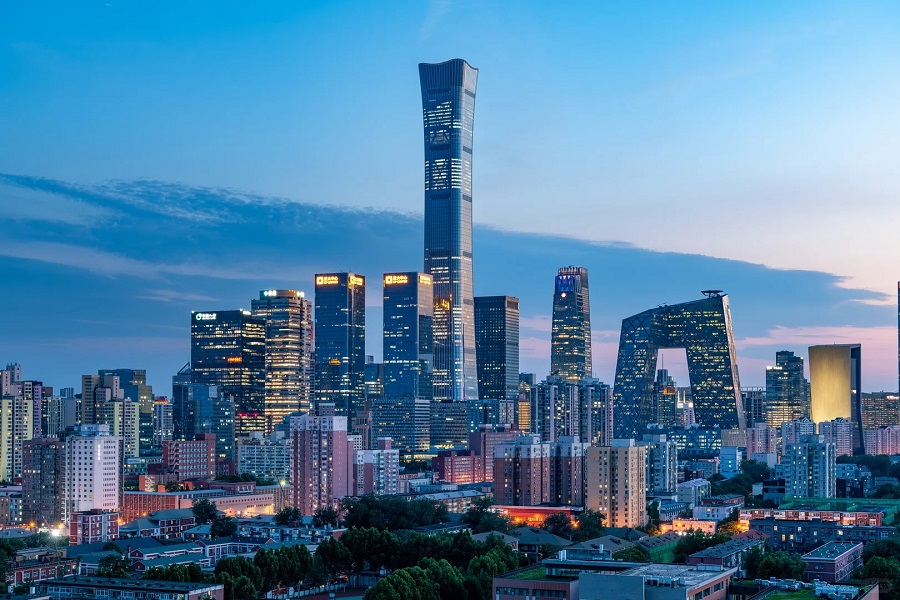 Beijing central business district skyline at dusk with landmark skyscrapers