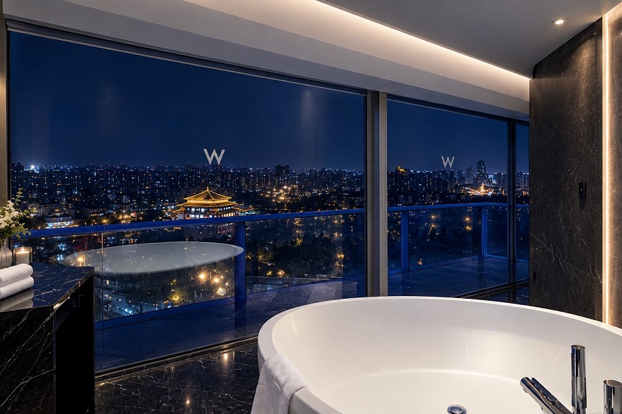 Upscale hotel bathroom with freestanding bathtub, floor-to-ceiling windows overlooking Xi'an night skyline
