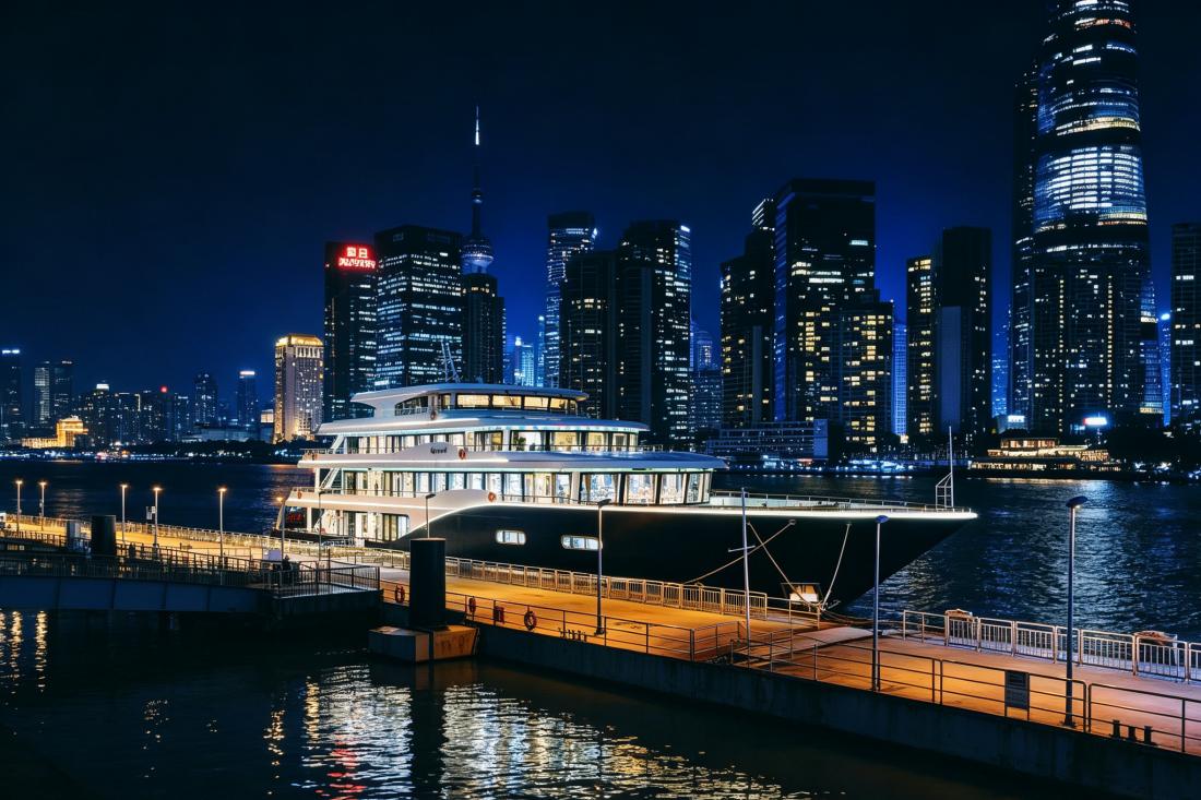 Lit?up cruise ship docked at Shanghai Lujiazui night waterfront