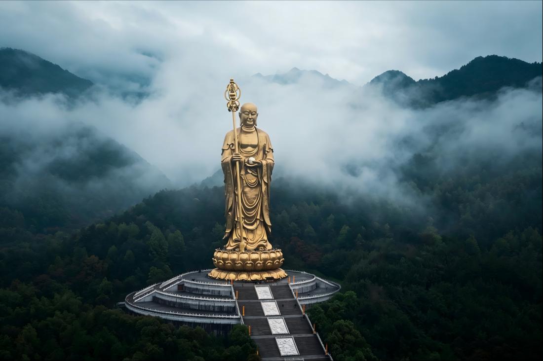 Giant golden Di Buddha statue shrouded at Jiuhuashan Dayuan Cultural Park