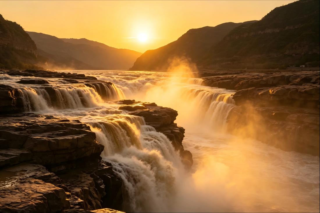 Hukou Waterfall roaring through a mountain gorge at golden hour
