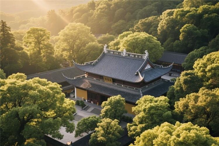 Traditional Chinese Buddhist hall of Lingyin Temple surrounded by dense green trees under soft golden sunrise glow