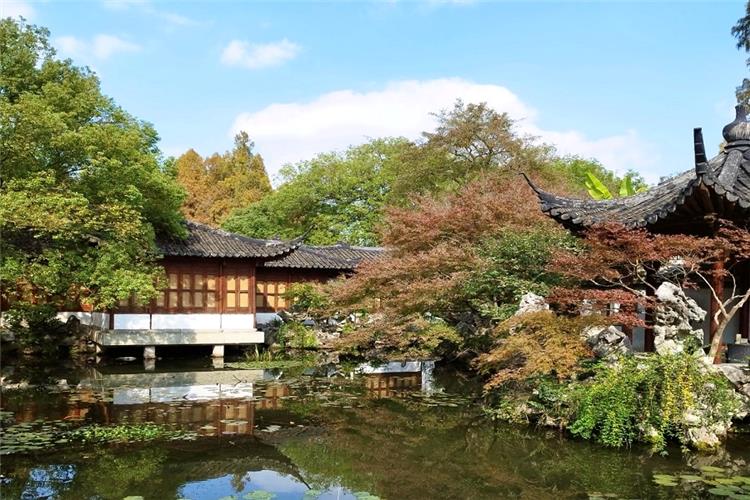 Traditional wooden waterside buildings, rockeries and maple trees reflected in quiet pond at Guo Zhuang Garden beside West Lake