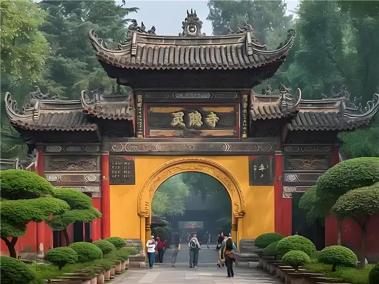 Lingyin Temple in Hangzhou representing profound ancient Buddhist cultural heritage surrounded by green mountains