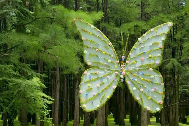 Floral Butterfly Decoration Qingshan Lake Water Forest Giant floral butterfly art installation hanging among dense metasequoia trees at Lin'an Qingshan Lake aquatic forest, pastel fabric wings decorated with colorful small flowers, surrounded by fresh emerald green water fir foliage, dreamy fairy-tale wetland landscape