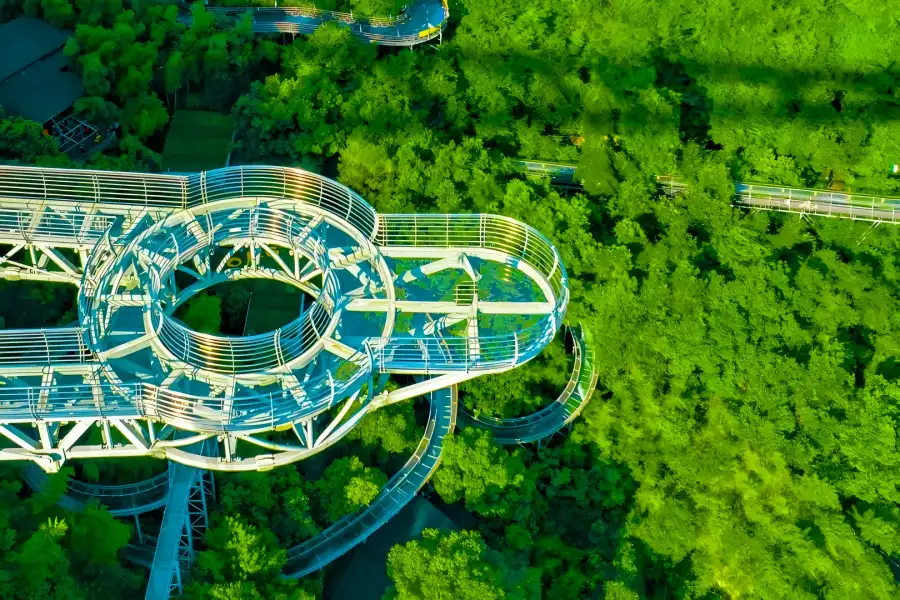 OMG Heartbeat Park in Tonglu Hangzhou showing thrilling mountain slides, glass sky walk and magical underground karst river scenery