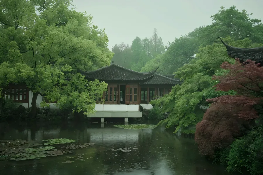 Fenyang Villa (Guozhuang Garden) Guo's Villa in Hangzhou showcasing exquisite Jiangnan private garden with tranquil ponds, winding covered corridors and elegant pavilions