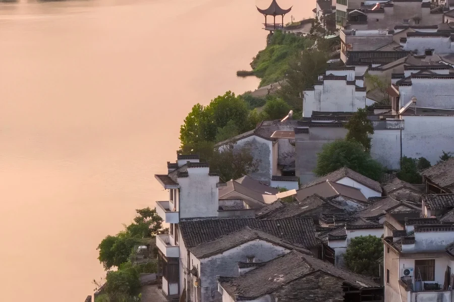 Scenery of Huizhou Ancient City Time-honored Huizhou Ancient Town surrounded by mountains, showcasing Huizhou merchants culture and ancient Huizhou architecture