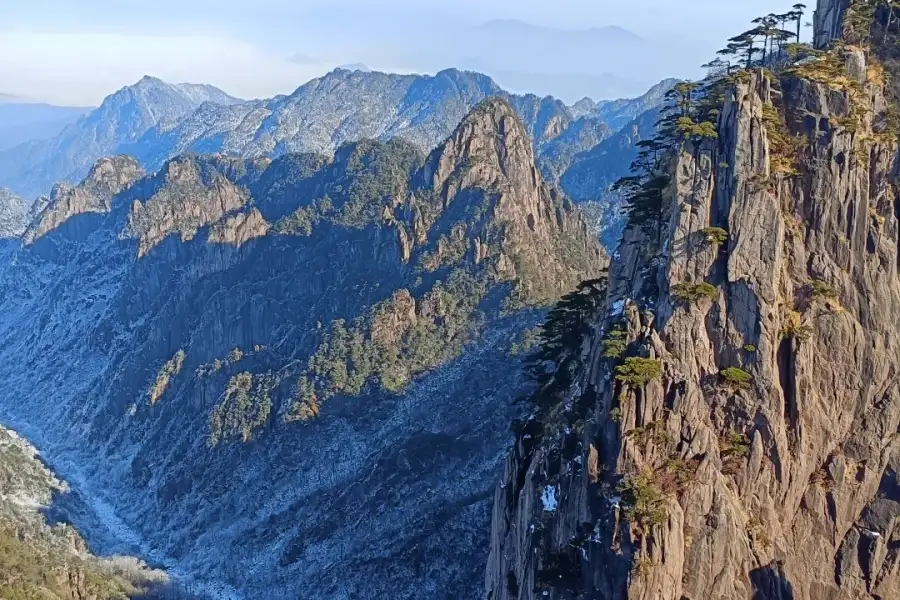 Granite peak dotted with ancient twisted Huangshan pines above misty valleys