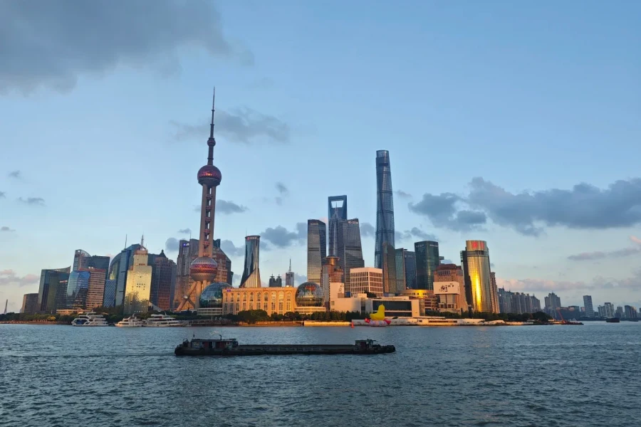 The Bund Shanghai Iconic waterfront promenade along Huangpu River, featuring century-old exotic buildings and panoramic view of Pudong skyline