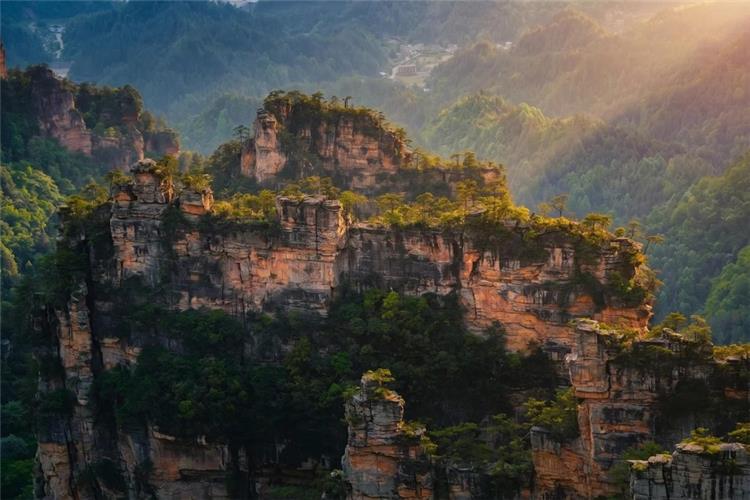 Wide overlook of layered sandstone peak forest in Zhangjiajie Wulingyuan