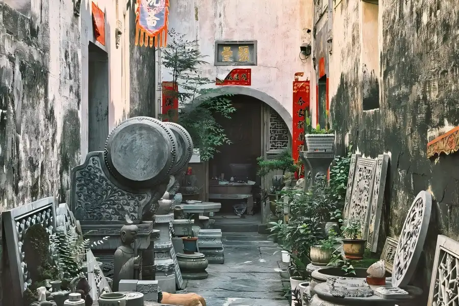 Xidi Ancient Village in Anhui presenting time?honored Ming and Qing dwellings surrounded by green mountains