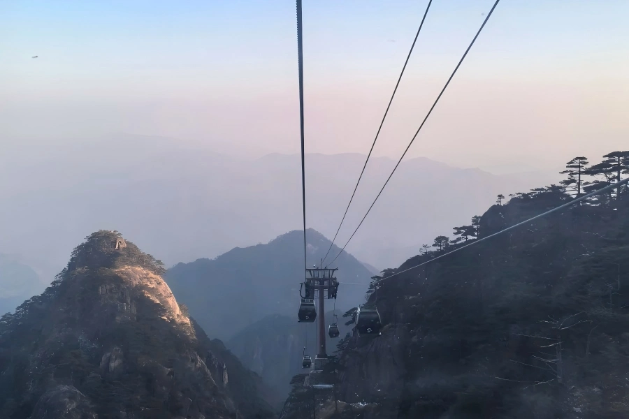 Yungu Cableway in Huangshan showing mountain cable cars against the breathtaking Huangshan mountain landscape