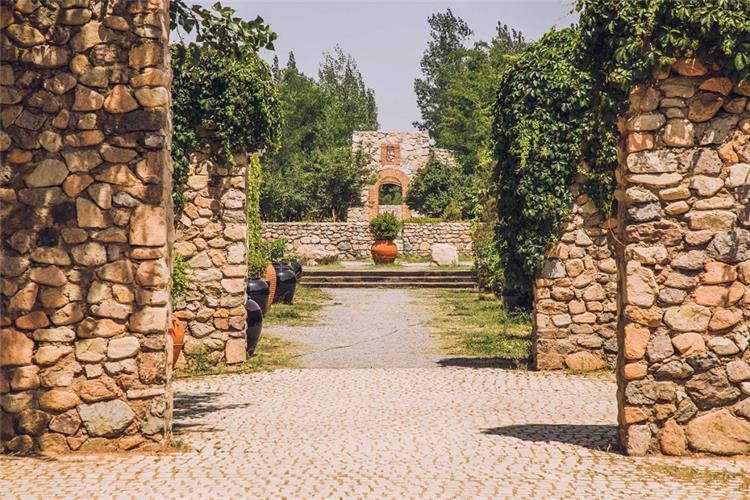 Stone Garden Path at Winery Estate Cobblestone pathway framed by old stone pillars and climbing ivy in winery garden