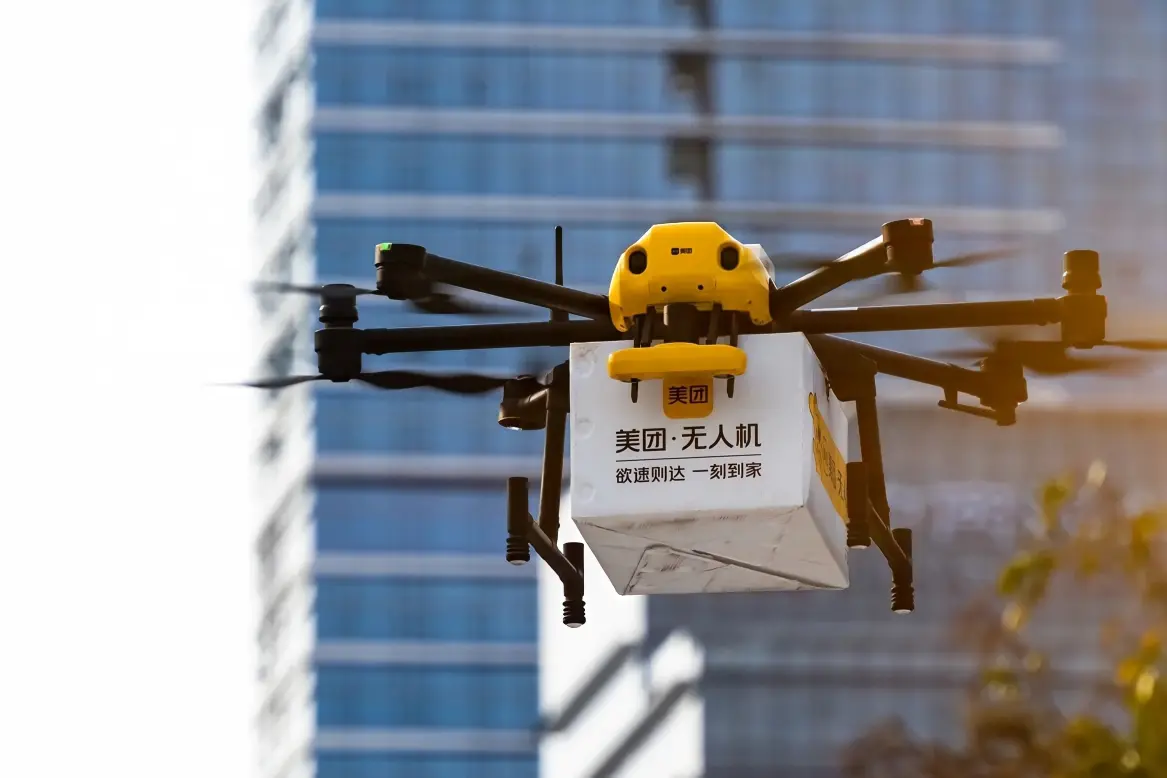 Meituan Delivery Drone in Shenzhen Meituan unmanned drone delivering food in urban Shenzhen