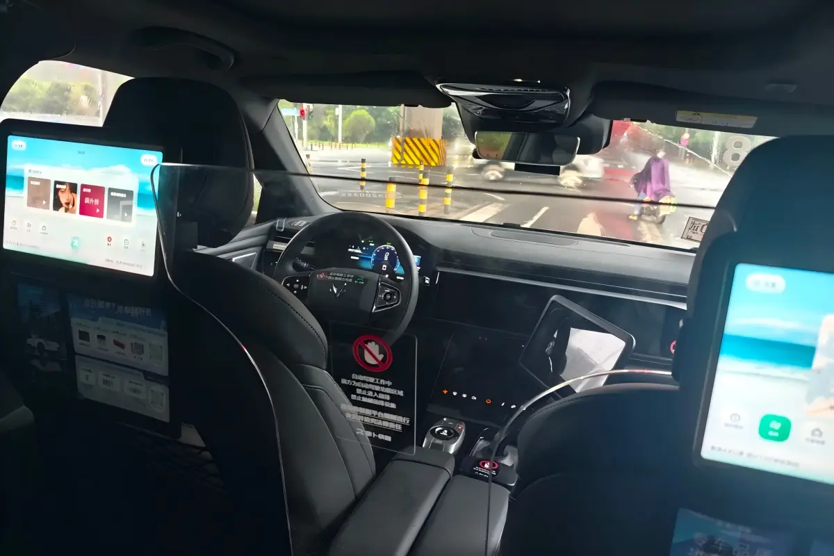 Autonomous Taxi Interior in Shenzhen Inside view of self-driving robotaxi in Shenzhen