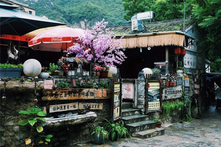 Characteristic Shop Street in Cuanxia Ancient Village Vintage local storefront along stone street with decorative plants and wooden signs in Cuanxia Village