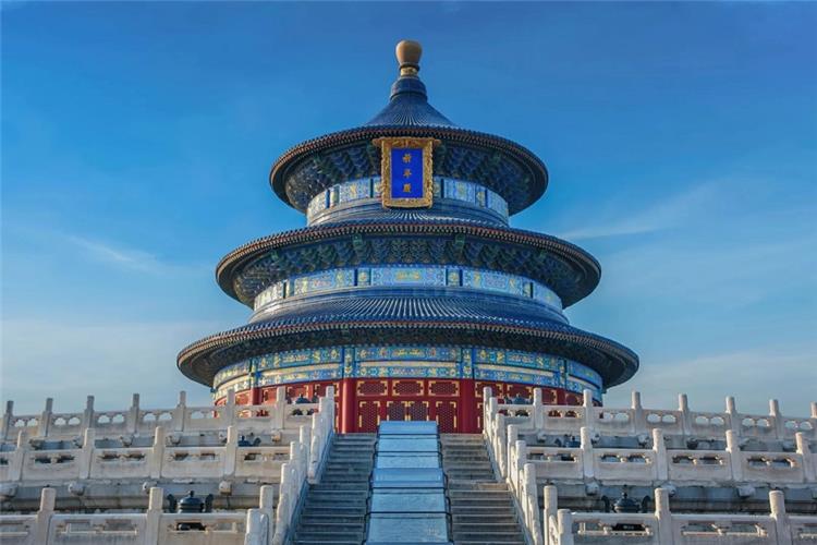 Temple of Heaven, Hall of Prayer for Good Harvests Iconic circular Hall of Prayer for Good Harvests at Temple of Heaven, ancient Chinese imperial temple against clear blue sky