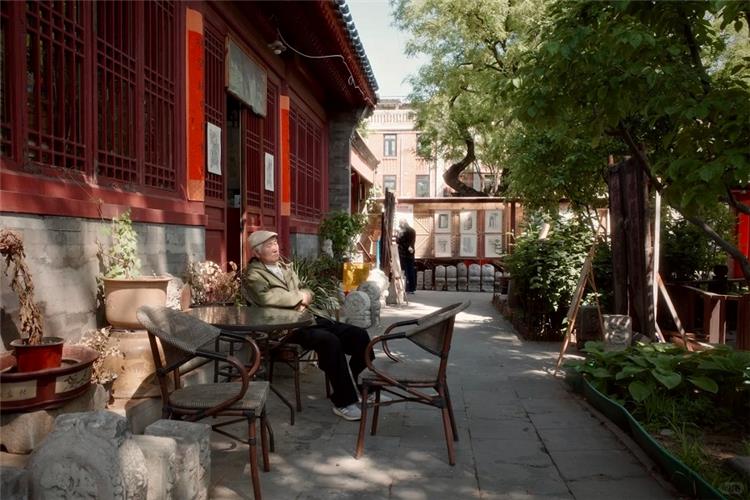 Traditional Courtyard of Beijing Siheyuan Elderly local resident relaxing in quiet sunlit Siheyuan courtyard with red wooden architecture and green plants
