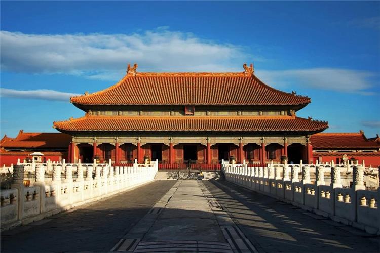 Hall of Supreme Harmony, The Palace Museum Beijing Grand view of Hall of Supreme Harmony with golden?tile roof, white marble balustrade under bright blue sky, Forbidden City Beijing