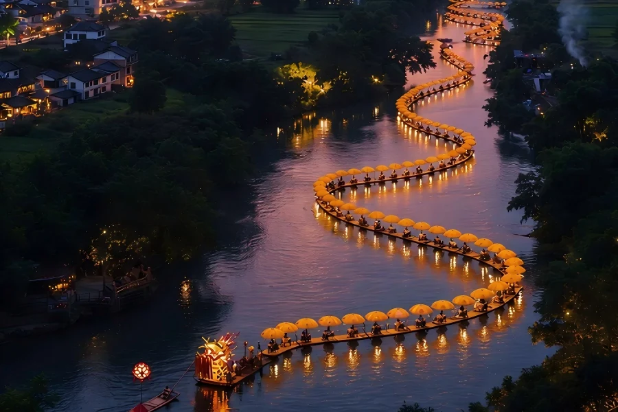 Yulong River, peaceful hand?poled bamboo raft drifting amid karst peaks and idyllic farmland, Yangshuo Guangxi