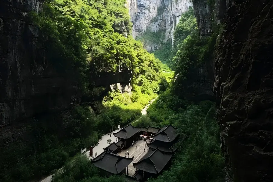 Three Natural Bridges Wulong, gigantic limestone natural arch bridges over deep karst sinkhole valley, world?heritage spectacular tiankeng landscape, Chongqing