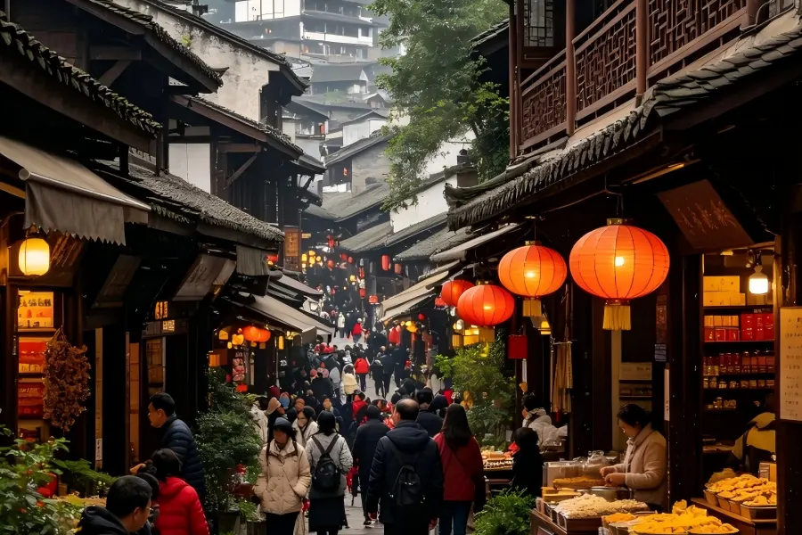 Ciqikou Ancient Town, time honored riverside old settlement with bluestone alleys, traditional Bayu dwellings and local snack shops by Jialing River, Chongqing