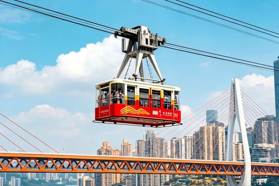 Yangtze River Cableway, vintage cable car gliding high above Yangtze River, panoramic mountain city skyline of Chongqing