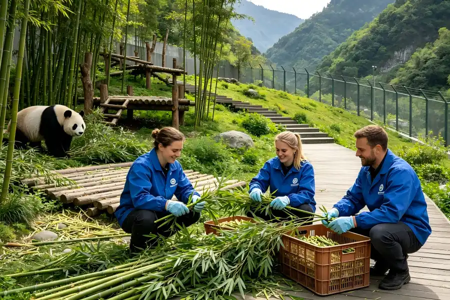 Volunteer carrying fresh bamboo at Dujiangyan Panda Valley