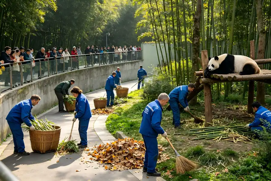 Volunteers cleaning panda enclosure ground at Dujiangyan Panda Valley